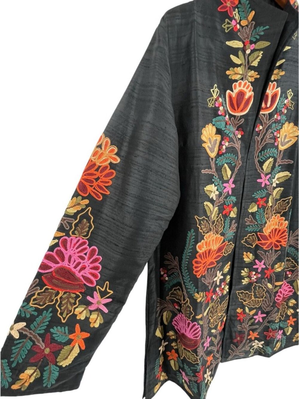 ANU Women's Black Silk Floral Embroidered Cardigan Duster XL - Picture 2 of 7